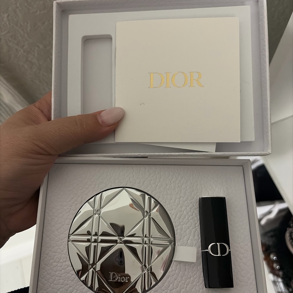 Dior Silver Geometric Compact and Black Lipstick